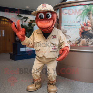Tan Lobster mascot costume character dressed with a Jacket and Hats