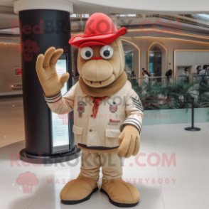 Tan Lobster mascot costume character dressed with a Jacket and Hats