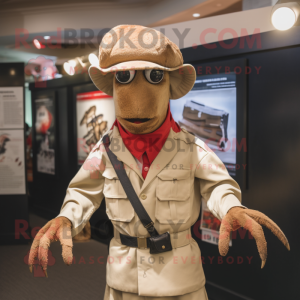 Tan Lobster mascot costume character dressed with a Jacket and Hats