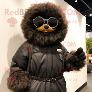 Black Meatballs mascot costume character dressed with a Parka and Sunglasses