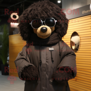 Black Meatballs mascot costume character dressed with a Parka and Sunglasses