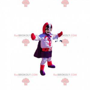 Mascota de superhéroe con un traje morado y rojo. -
