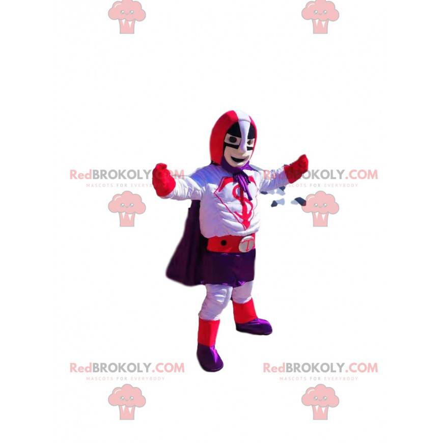 Superhelden-Maskottchen mit einem lila-roten Outfit -