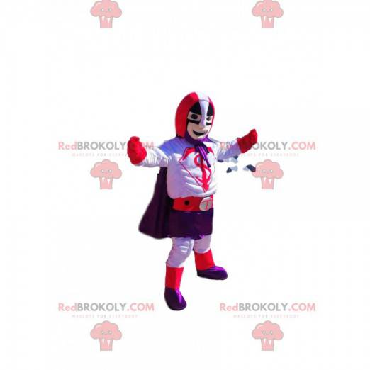 Mascotte del supereroe con un vestito viola e rosso -