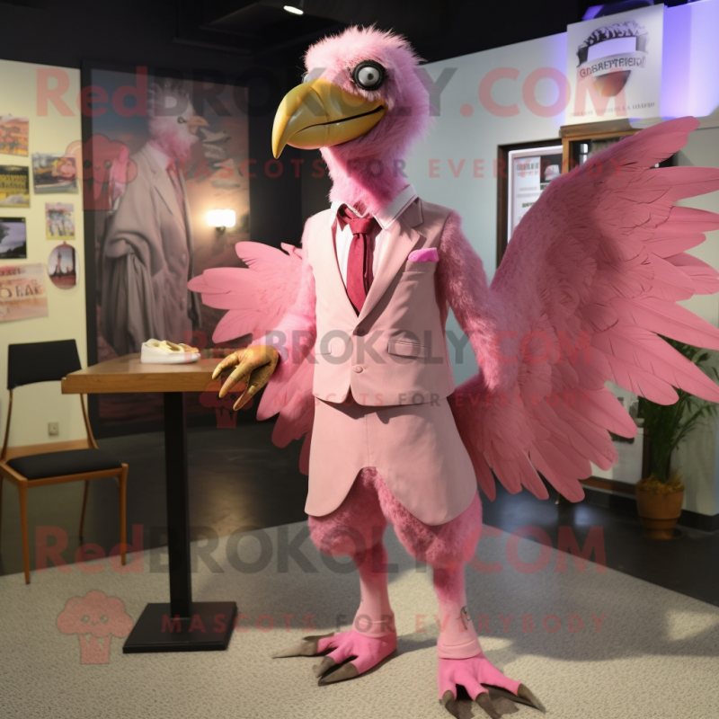 Pink Archeopteryx mascot costume character dressed with a Dress Shirt and Tie pins Pink Archeopteryx mascot costume character dressed with a Dress Shirt and Tie pins