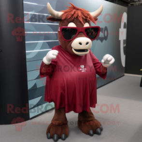 Maroon Zebu mascot costume character dressed with a Mini Skirt and Sunglasses