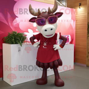 Maroon Zebu mascot costume character dressed with a Mini Skirt and Sunglasses