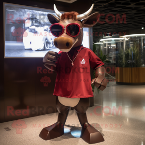 Maroon Zebu mascot costume character dressed with a Mini Skirt and Sunglasses