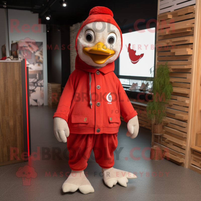Red Swans mascot costume character dressed with a Overalls and Scarf clips Red Swans mascot costume character dressed with a Overalls and Scarf clips