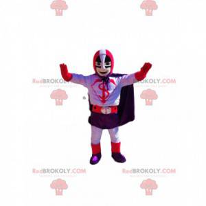 Mascota de superhéroe con un traje morado y rojo. -