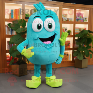 Turquoise Zucchini mascot costume character dressed with a Boyfriend Jeans and Clutch bags