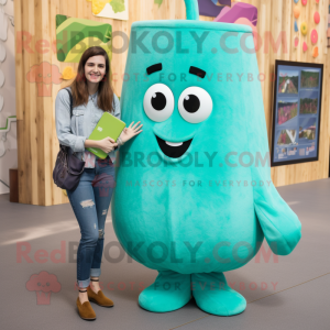 Turquoise Zucchini mascot costume character dressed with a Boyfriend Jeans and Clutch bags