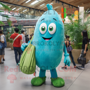 Turquoise Zucchini mascot costume character dressed with a Boyfriend Jeans and Clutch bags