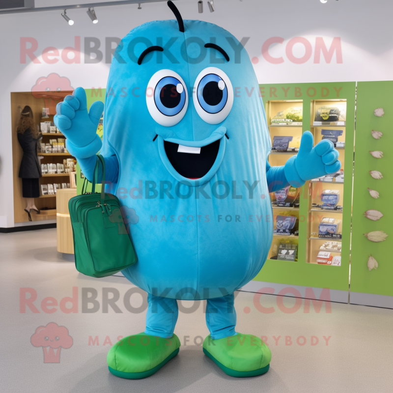 Turquoise Zucchini mascot costume character dressed with a Boyfriend Jeans and Clutch bags