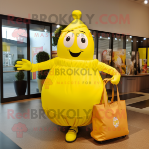 Lemon Yellow Commando mascot costume character dressed with a Ball Gown and Tote bags