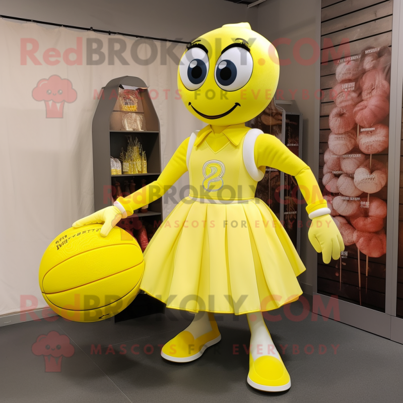 Lemon Yellow Commando mascot costume character dressed with a Ball Gown and Tote bags