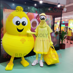 Lemon Yellow Commando mascot costume character dressed with a Ball Gown and Tote bags