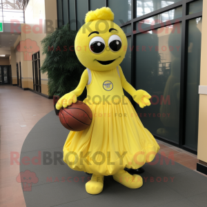 Lemon Yellow Commando mascot costume character dressed with a Ball Gown and Tote bags