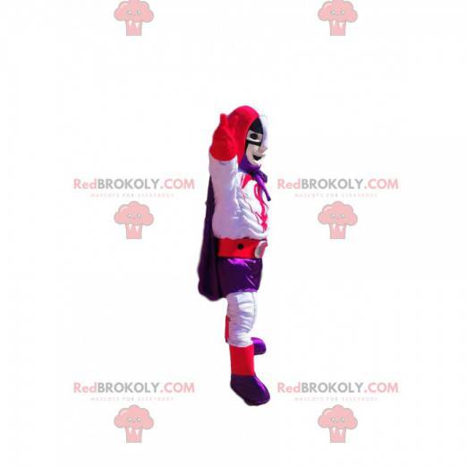 Superheltmaskot med lilla og rødt outfit - Redbrokoly.com