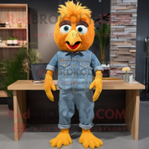 Orange Canary mascot costume character dressed with a Denim Shirt and Hair clips
