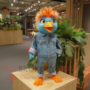 Orange Canary mascot costume character dressed with a Denim Shirt and Hair clips