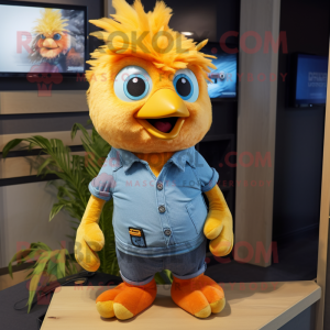 Orange Canary mascot costume character dressed with a Denim Shirt and Hair clips