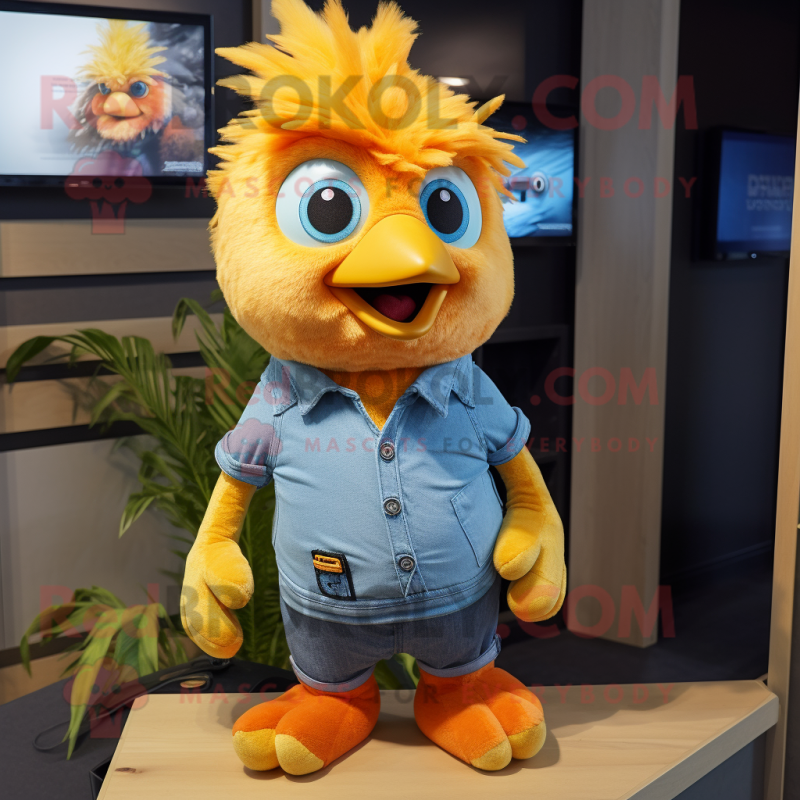 Orange Canary mascot costume character dressed with a Denim Shirt and Hair clips Orange Canary mascot costume character dressed with a Denim Shirt and Hair clips