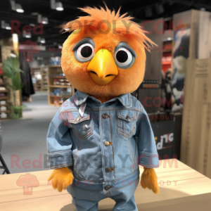 Orange Canary mascot costume character dressed with a Denim Shirt and Hair clips
