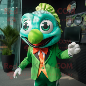 Green Clown Fish mascot costume character dressed with a Blazer and Keychains