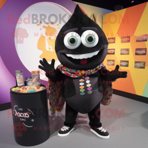 Black Ceviche mascot costume character dressed with a Sweater and Coin purses