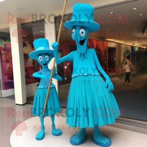 Turquoise Stilt Walker mascot costume character dressed with a Pencil Skirt and Shoe clips
