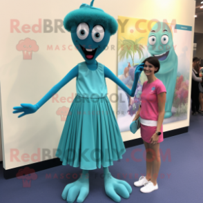 Turquoise Stilt Walker mascot costume character dressed with a Pencil Skirt and Shoe clips