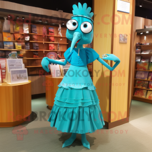 Turquoise Stilt Walker mascot costume character dressed with a Pencil Skirt and Shoe clips