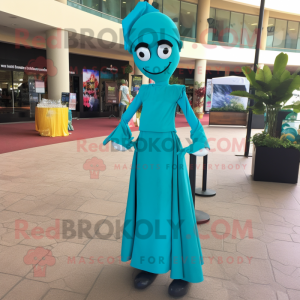 Turquoise Stilt Walker mascot costume character dressed with a Pencil Skirt and Shoe clips