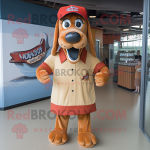 Rust Hot Dog mascot costume character dressed with a Button-Up Shirt and Hats