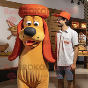 Rust Hot Dog mascot costume character dressed with a Button-Up Shirt and Hats