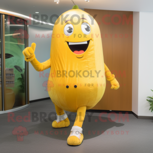 Gold Melon mascot costume character dressed with a Bootcut Jeans and Shoe laces