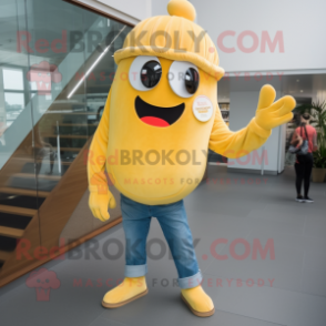 Gold Melon mascot costume character dressed with a Bootcut Jeans and Shoe laces