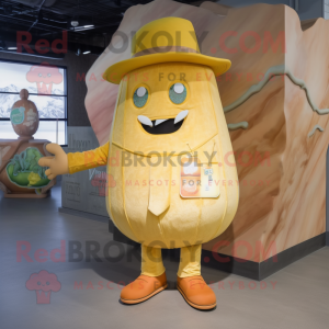 Gold Melon mascot costume character dressed with a Bootcut Jeans and Shoe laces