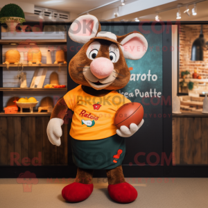 Peach Ratatouille mascot costume character dressed with a Rugby Shirt and Beanies