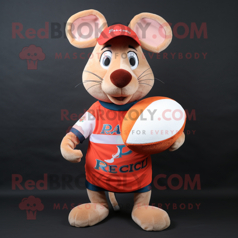 Peach Ratatouille mascot costume character dressed with a Rugby Shirt and Beanies