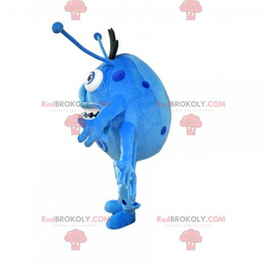 Liten blå rund monstermaskot med antenner - Redbrokoly.com