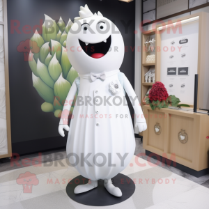 White Raspberry mascot costume character dressed with a Sheath Dress and Lapel pins
