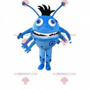 Mascotte de petit monstre rond bleu avec des antennes -