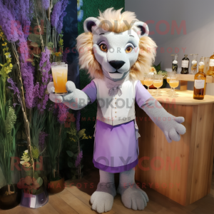 Lavender Tamer Lion mascot costume character dressed with a Cocktail Dress and Bracelets