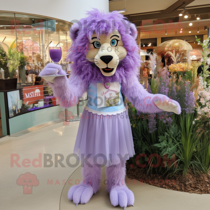 Lavender Tamer Lion mascot costume character dressed with a Cocktail Dress and Bracelets