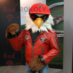 Red Eagle mascot costume character dressed with a Moto Jacket and Hats