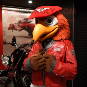 Red Eagle mascot costume character dressed with a Moto Jacket and Hats