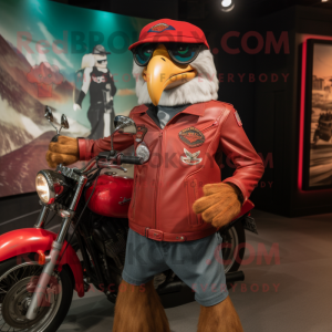 Red Eagle mascot costume character dressed with a Moto Jacket and Hats