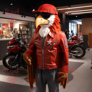 Red Eagle mascot costume character dressed with a Moto Jacket and Hats